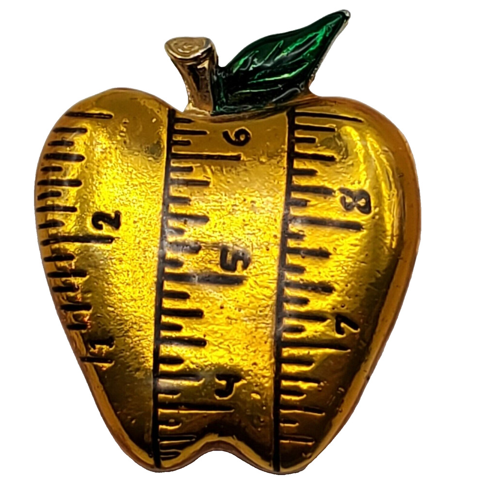 Golden Apple Enamel Brooch Ruler Teacher Pin‎ Danecraft Vintage Fruit